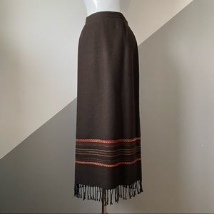 Dressbarn Size 12 Vintage 90s Blanket Midi Skirt Fringe Hem Brown Red Pink